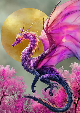 Dragon with Pink Wings and Cherry Blossoms