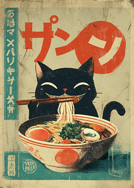 Vintage Ramen Cat Poster