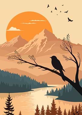 Bird on Branch at Sunset Landscape