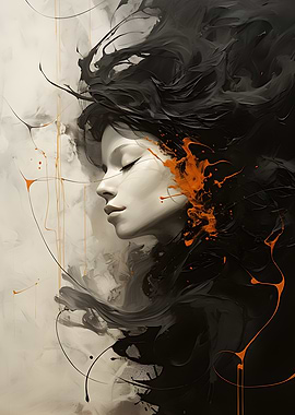 Abstract Portrait with Flowing Black Hair