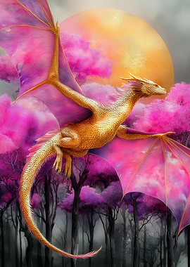 Golden Dragon in Pink Forest