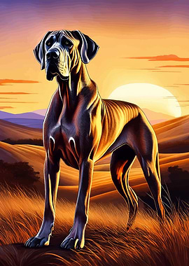 Great Dane in Sunset Landscape
