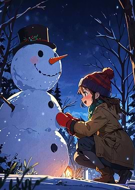 Girl Building a Snowman in Winter