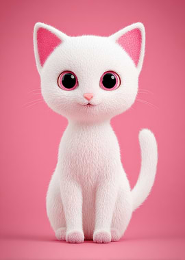 Cute White Cartoon Cat on Pink