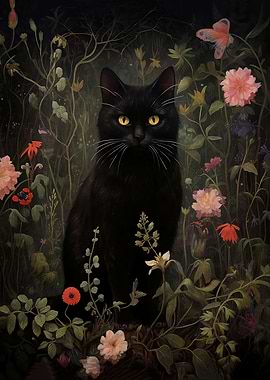 Black cat in a floral garden