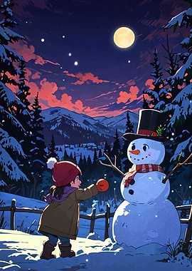 Girl Building Snowman in Winter Landscape