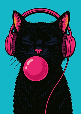 Cat with Headphones and Bubblegum