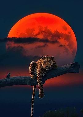 Leopard on Branch with Red Moon