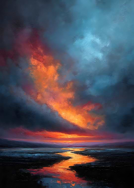 Dramatic Sunset Over Water Painting