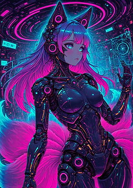 Cyberpunk Style Anime Girl with Fox Ears