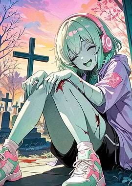 Anime Zombie Girl in Cemetery