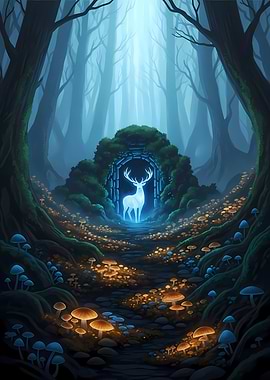 Mystical Glowing Stag in Stone Archway with Luminous Mushrooms – Enchanted Misty Forest Wall Art