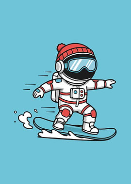 Astronaut Snowboarding Cartoon on Blue Background