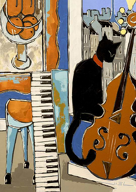 Abstract Painting: Cat, Bass, and Cityscape