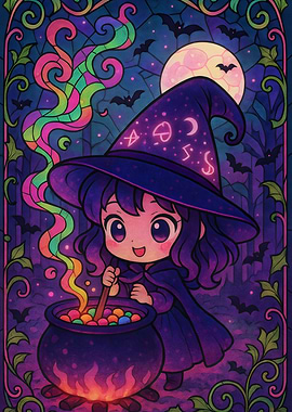 Cute Halloween Witch Stained Glass