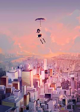 Girl Flying Over Cityscape
