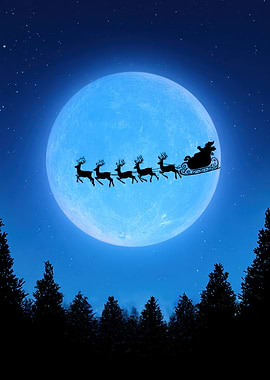 Santa's Sleigh Silhouette Over Full Moon