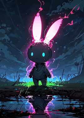 Glowing Bunny Character in Dark Landscape