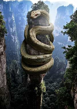 Snake Coiled Around Stone Pillar