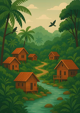 Tropical Village Landscape with River
