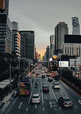 Bangkok cityscape at dusk with traffic