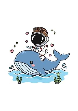 Astronaut riding a whale cartoon illustration