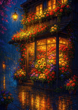 Rainy Night Floral Shopfront