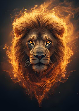 Lion engulfed in flames portrait