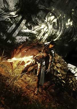 Warrior and Dragon in Ancient Ruins