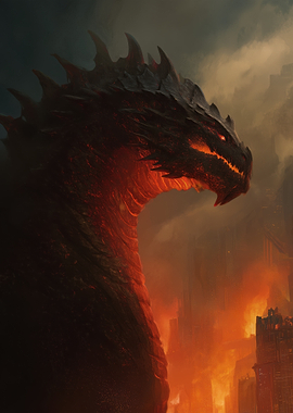 Fiery Dragon Overlooking Burning Cityscape