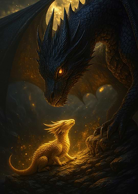 Dragon Family: Black Dragon and Golden Hatchling