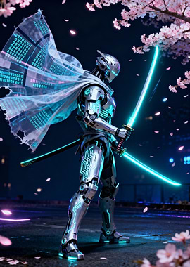 Cyberpunk Robot Samurai with Neon Katana