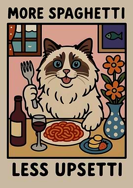 Cat Eating Spaghetti Funny Art