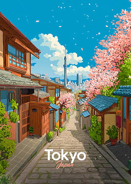 Tokyo street with cherry blossoms