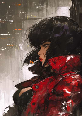 Woman in Red Coat Smoking