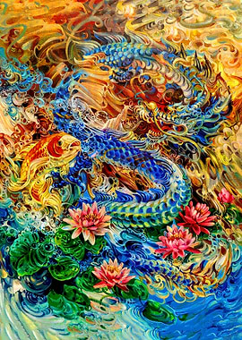 Dragon, Koi Fish, and Water Lilies