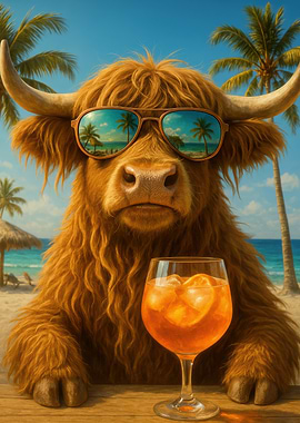 Highland Cow with Cocktail on Beach