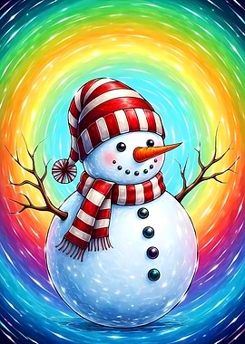 Snowman on Swirling Rainbow Background