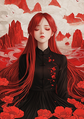 Red-haired woman in Asian landscape