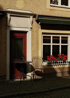 European Cafe Exterior with Red Flowers