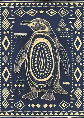 Penguin with Tribal Pattern on Blue