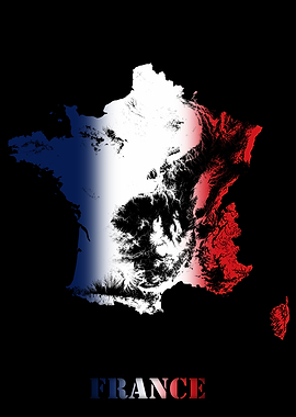 France Topographic Contour Relief Map blending terrain features into its emblematic colorful flag