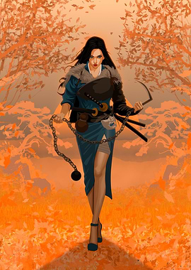Female Warrior in Autumn Landscape