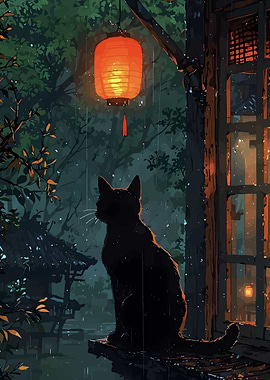 Black Cat in Rainy Japanese Garden