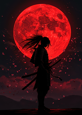 Silhouette of Samurai with Red Moon