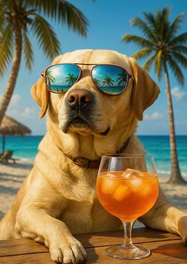 Dog with sunglasses on beach