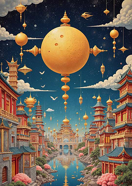 Fantasy Asian Cityscape with Celestial Orbs