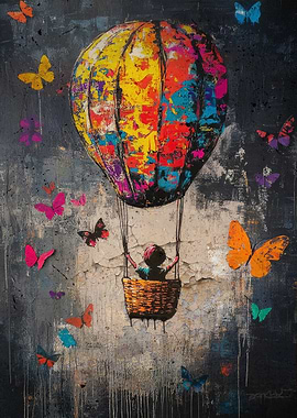 Banksy Colorful Hot Air Balloon with Butterflies