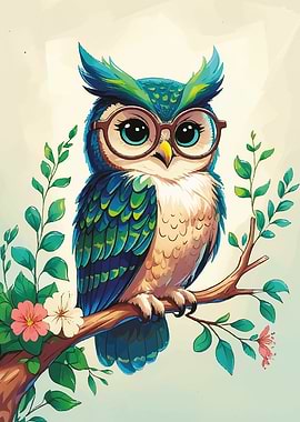 Cute Owl with Glasses on Branch