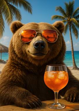 Bear with Cocktail on Tropical Beach